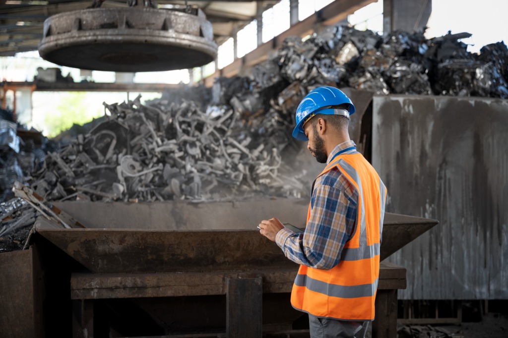 Man on tablet at a metal recycling plant